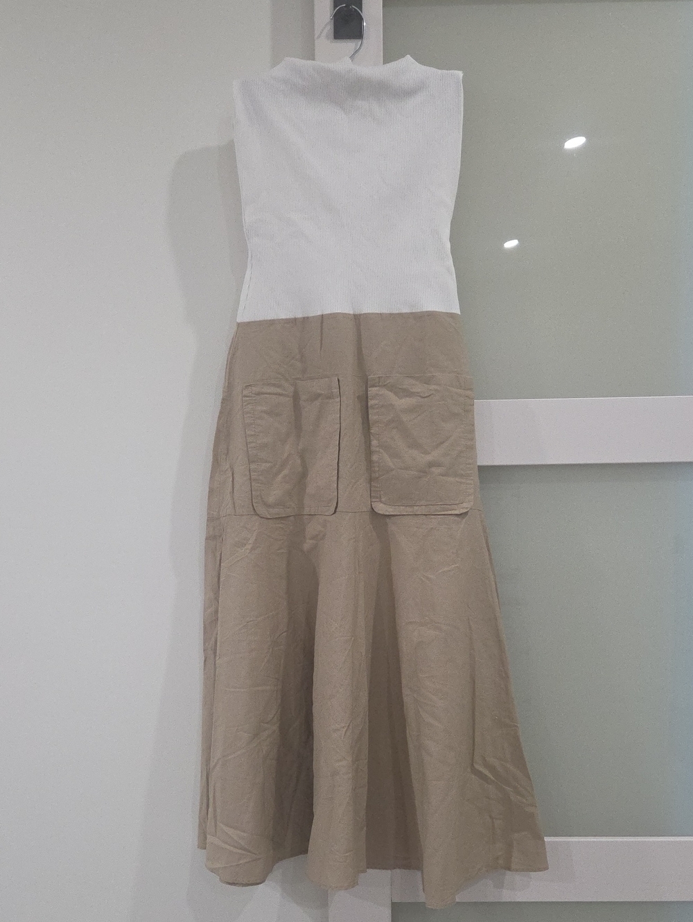 Zara White and Tan Two-Tone Midi Dress with Patch Pockets